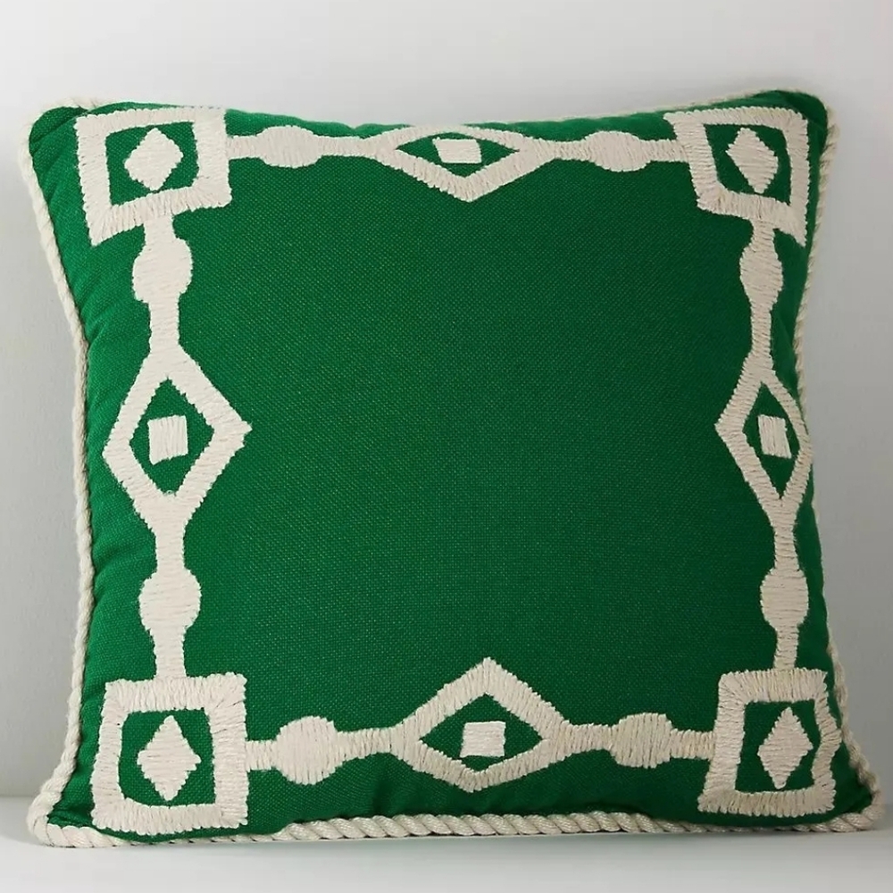 Anthropologie, set of 2, Greek Key Embroidered Indoor/Outdoor Pillows - green